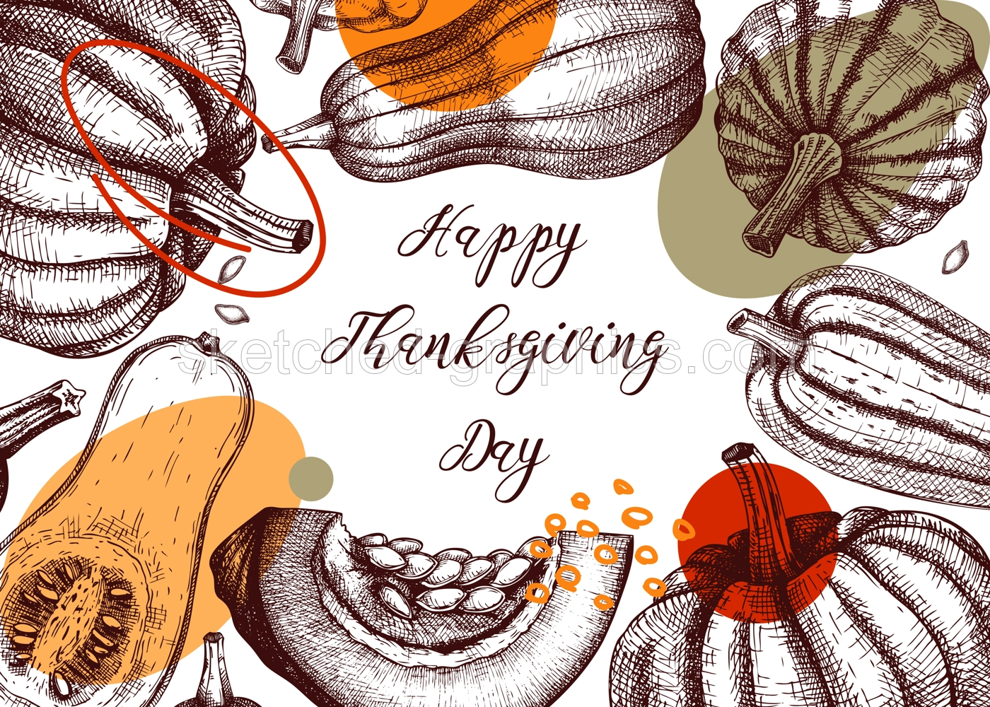 Sketched pumpkin collage design. Thanksgiving day background. Autumn food drawings. Vector vegetables, butternut squash, marrow, pumpkin slice sketches. Fall Harvest festival trendy frame Illustration